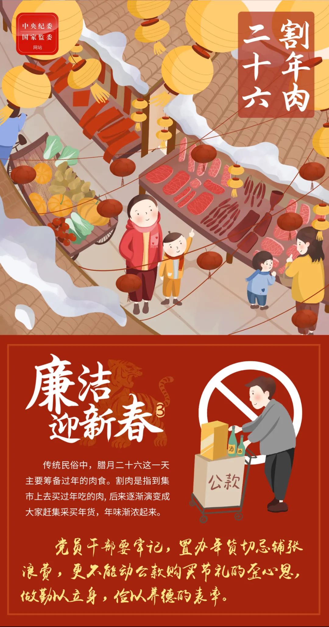 原创手绘海报廉洁迎新春丨二十六割年肉