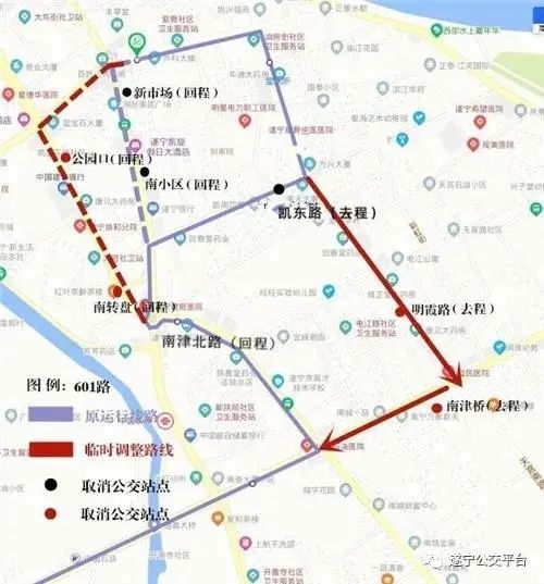 公交601路运行路线临时调整示意图去程:遂宁一院(油坊街院区)→军休所