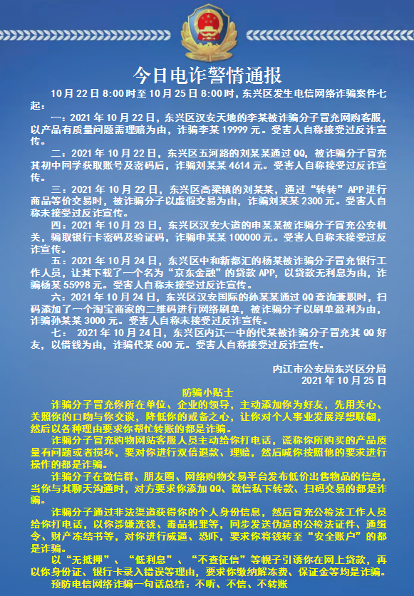 防电信诈骗东兴区每日电诈警情通报20211025