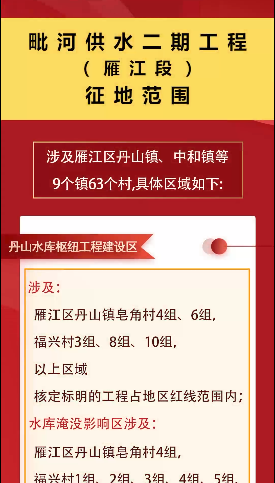 涉丹山,中和等9個鎮的63個村 毗河供水二期(雁江段)徵地範圍確定 - 川