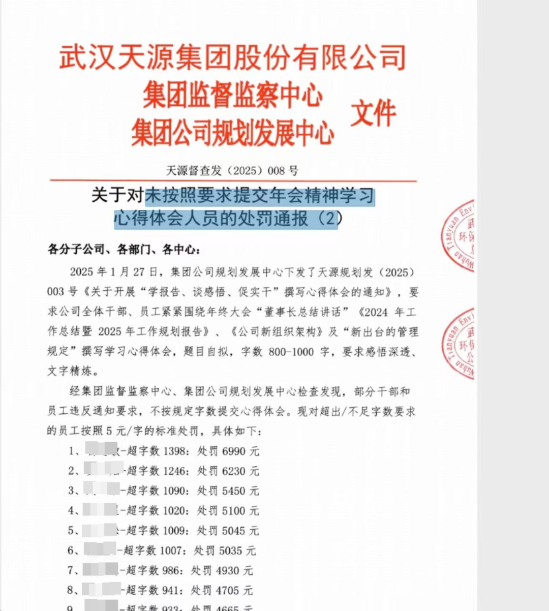 武汉一公司381人因心得体会超字数被罚款(图1)