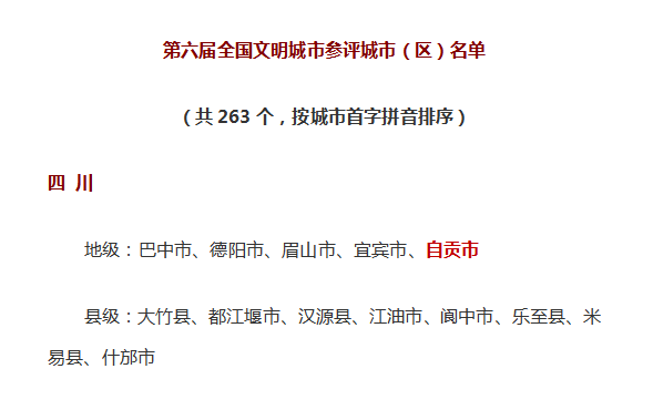 好消息!自贡入围第六届全国文明城市参评城市